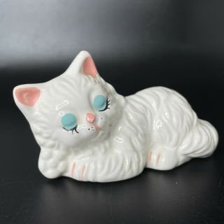 Vintage Sleeping White Persian Kitten Cat Pink Turquoise Ceramic Figurine 4 "