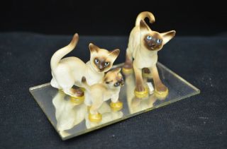 Vintage Miniature 3 Bone China Siamese Cats On Mirror - Japan