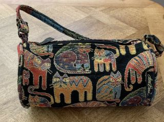 Laurel Burch Cat Print Tapestry Fabric Small Barrel Handbag In Black/multi