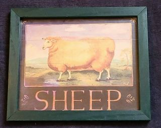 Framed Primitive Folk Art Leicester Sheep Print Picture Wall Hanging