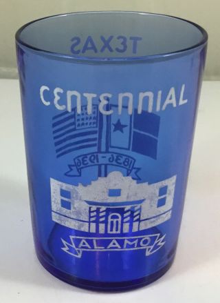 1 Vintage 1936 Cobalt Blue Glass Tumbler Texas Alamo Centennial 1836 - 1936