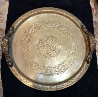 Vintage Solid Brass Etched 14” Round Tray With Handles Made In Morocco