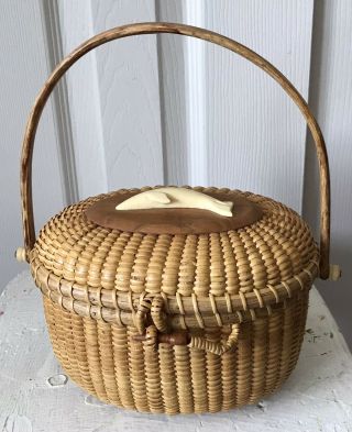 Vintage Nantucket Basket Purse With Carved Dolphin
