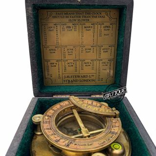 Nautical Brass Compass Sundial With Wood Box Pocket Sailor Gift Table Top Décor
