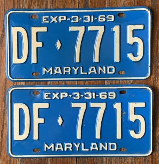 Vintage Pair 1969 69 Maryland Md License Plates Df • 7715