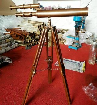 Antique Brass Telescope 18 " With Wooden Tripod Stand Nautical Floor Standing