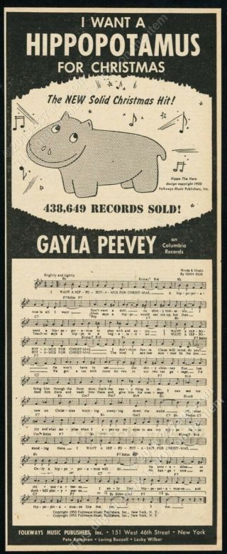 1953 Gayla Peevey I Want A Hippopotamus For Christmas Record Release & Music Ad