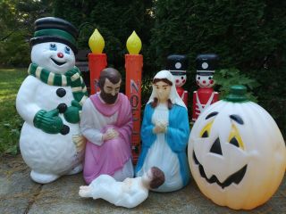 Vintage Snowman Soldiers Candlesticks Pumpkin Christmas Nativity Blow Molds
