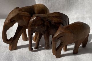 Vintage Hand Carved Herd Of Small Wooden Elephant Figures