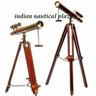 Nautical Vintage Floor Standing Marine 18 " Telescope With Wooden Tripod Stand