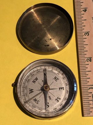Vintage German Brass Pocket Compass W/cover,  Thick Beveled Glass Pre 1940