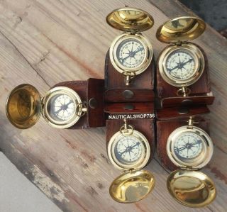 Vintage Unique Nautical Vintage Brass Compass With Case Set Of 5