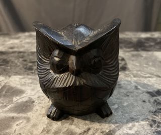 Vintage Hand Carved Wooden Horned Owl Decorative Figurine 2.  5”