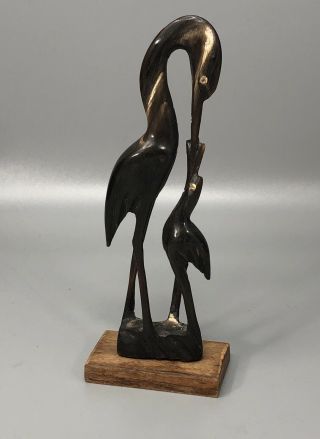 Vintage Mini Carved Horn Figurine Birds Egret Heron Crane Mom Baby Sculpture