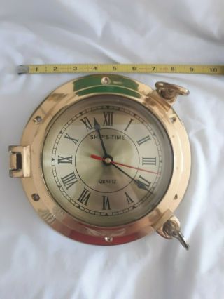 Vintage Porthole Ship Time Clock Marine Quartz Heavy Brass Beveled Glass Boat