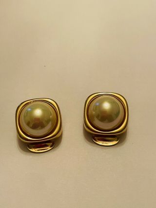 Vintage Christian Dior Clip On Earrings Rhinestone Faux Pearls Goldtone