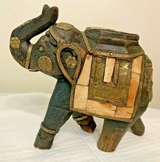 Vtg Wood Elephant Statue Brass Copper Hand Made Trunk Up Collectible