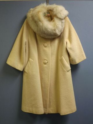 Vintage 1950s 1960s Lilli Ann Cream Wool Swing Coat Fox Fur Collar Size L Or Xl