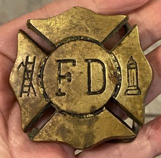 Vintage Heavy Solid Brass Fire Department Shield Shaped Belt Buckle 2 - 1/8”