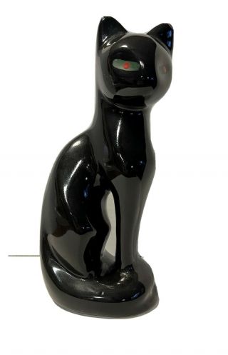 Vintage Ceramic Black Cat Red Green Eyes Figurine Art Deco Figure Statue 8 "