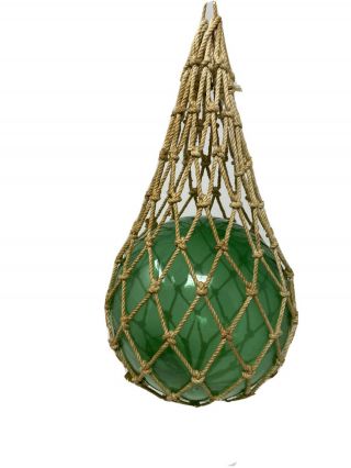 Vintage Green Japanese Glass Fishing Float 4” Blown Glass Ball In Sturdy Net