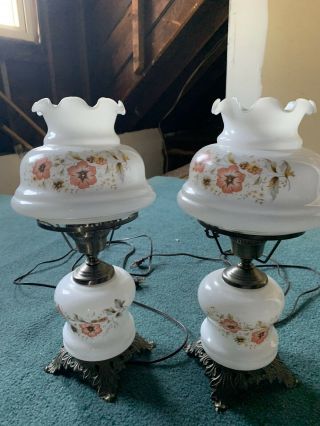 Vintage White With Pink/red Floral And Ruffled Edge Three Way Table Lamps