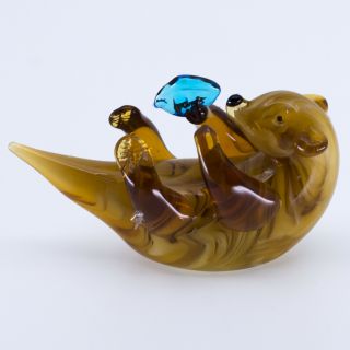 Miniature Hand Blown Art Glass Sea Otter On Back With Clam Figurine 3