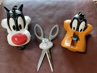 Vtg Wb Looney Tunes Sylvester Stapler,  Daffy Tape Roll,  Bugs Bunny Scissors