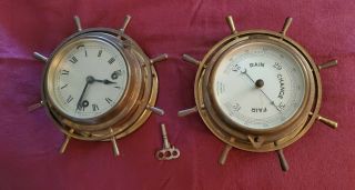 Clock Vintage Solid Brass Marine Barometer Inches Millibar & Ships Clock W/ Key