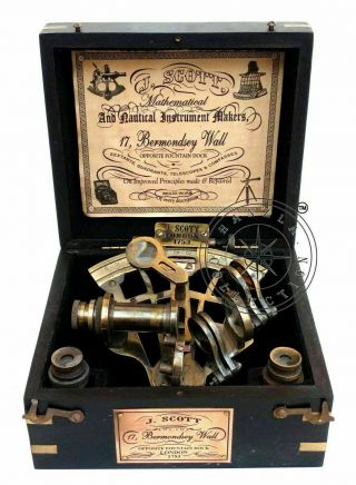 Nautical Antique Brass Ship Sextant J.  Scott London Nautical Astrolabe Wood Box