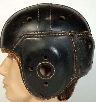 Vintage 1930s - 40s Rawlings A25 Black Leather Football Helmet,  Sz 6 7/8
