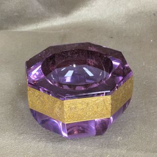 Vintage Moser Purple Art Glass and Gilded Gold Running Warrior Ashtray 3