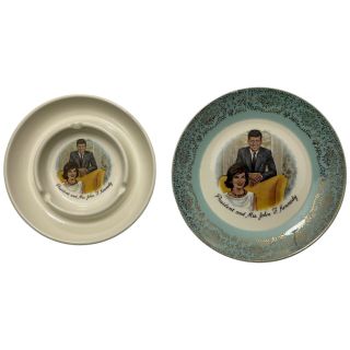 Vintage President & Mrs.  John F.  Kennedy Souvenir Ashtray And Plate Set