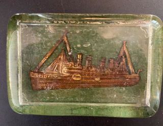 Antique Glass Paperweight Of The Cunard Ship " Lusitania "