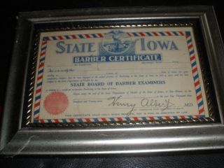 Vintage Barber Shop Wall Art - - - Iowa Lady Barber Certificate 1927 - - - No.  94