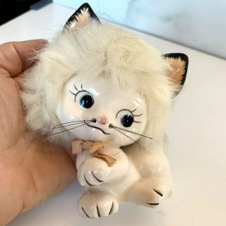 Vintage Atlas Cat Figurine With Fur White Ceramic Japan 5 1/2 " Repair C7