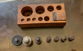 Antique Vintage Postal Scale Brass Weights Wood England W/hinged Box