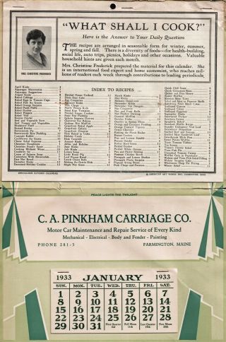 1933 Farmington,  Maine C.  A.  Pinkham Carriage Co.  Vintage Calendar