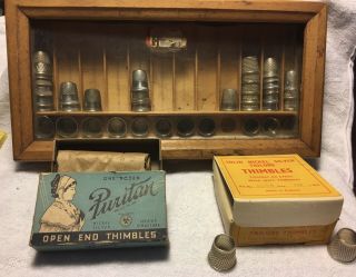 Antique Counter Top General Store Thimble Display Case,  Nickle Silver Thimbles