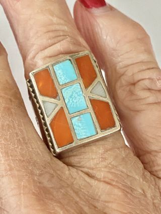 Vintage Old Pawn Navajo Turquoise Coral & Mop Inlaid Sterling Silver Ring Size 8
