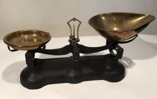 Antique Cast Iron Balance Scale With Brass Scale Pans Unknown Maker 14”