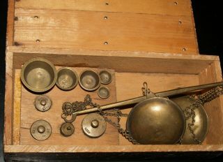 Antique Brass Balance Beam Jewelers Gold Scale & Troy Weights Vintage