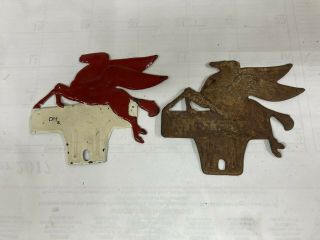 Two Vintage Mobil Pegasus License Plate Toppers
