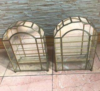 Two Vintage Brass And Glass Mirrored Curio Cabinets