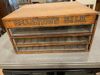 Antique Beldings Silk Quartersawn Oak Glass Front Spool Chest Cabinet