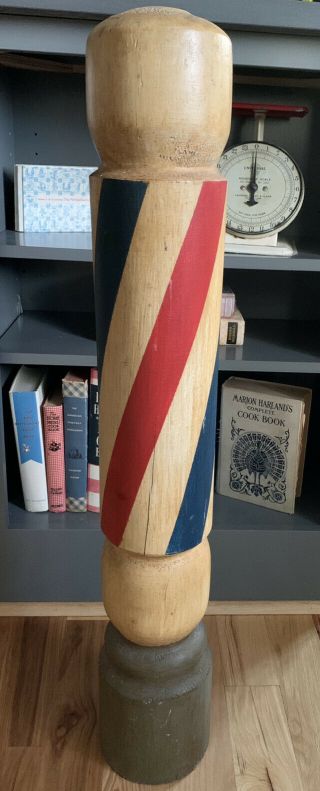 Vintage Antique Solid Wood Red Blue Striped Barber Shop Pole 33” Tall