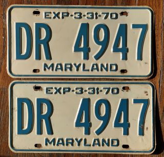 Vintage Pair 1970 70 Maryland Md License Plates Dr 4947