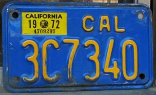 1972 Blue Base California Motorcycle License Plate - Type 2