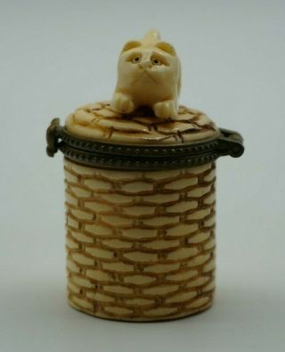 Vintage Pill Trinket Box With Cat On Basket
