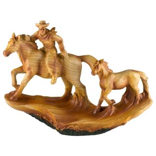 Cowboy On Horse With Foal Faux Carved Wood Look Figurine Resin 7.  5 " Long